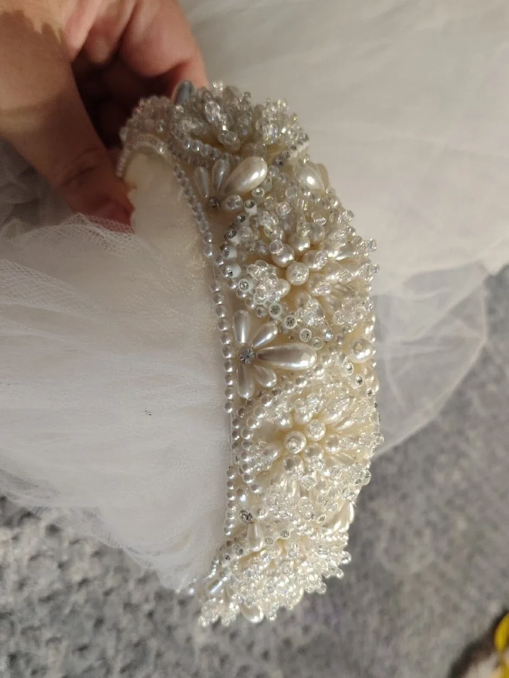 Beaded Pearl White Bridal Headband with Veil